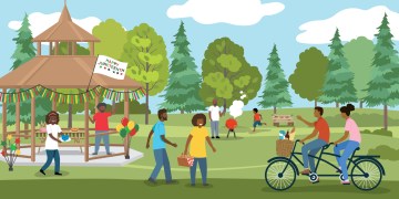 Several families enjoying their Juneteenth celebration in a park. They are having BBQ's, riding bikes and playing. Several layers for easier editing.